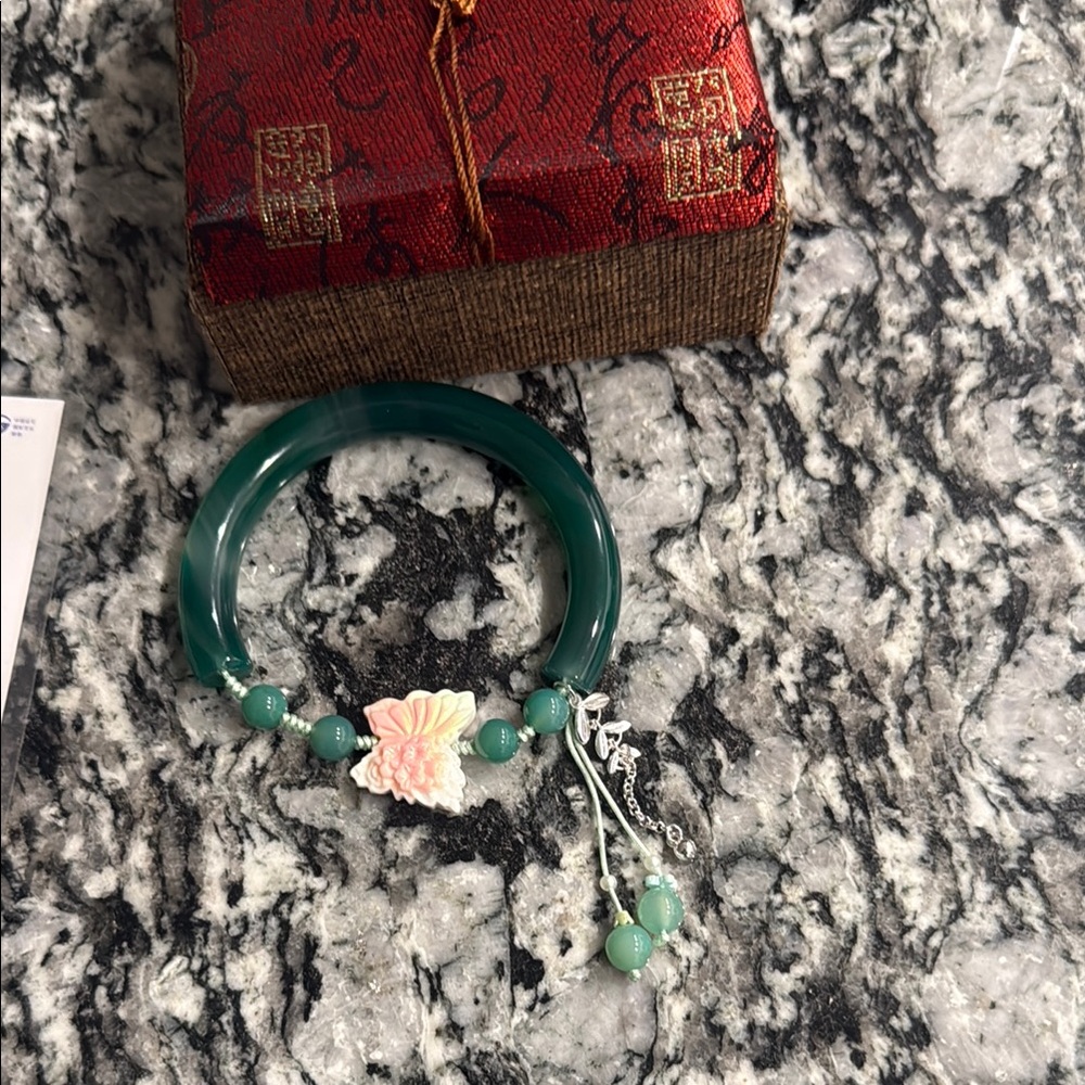 Elegant Green Jade Bracelet with Floral Charm
